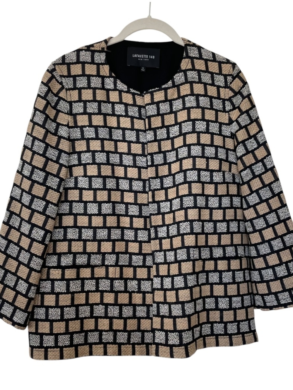 Lafayette 148 Blazer Knit Jacket Small Square Check Print Boxy Fit Open Front